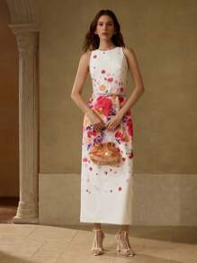 MOTF PREMIUM FLORAL PRINT SPLIT BACK COCKTAIL DRESS WITHOUT BELT