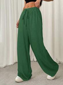 SHEIN EZwear Women's Olive Green Front Tie Casual Pleated Textured Long Pants - Dark Green - View 5