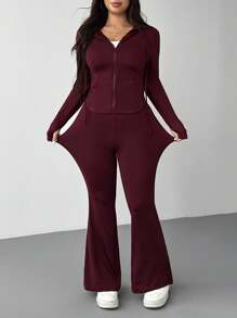 SHEIN EZwear 2 件套加大码前拉链长袖连帽运动衫和修身喇叭裤休闲运动服套装 - 酒紅色 - 查看 4
