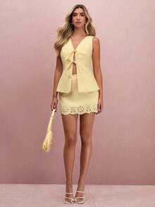 Enchnt Women's Pale Yellow Front Tie Vest & Floral Hollow-Out Mini Skirt Set, Elegant Summer Two Pieces Set For Brunch,Vacation&Date,Autumn Outfits - Yellow - View 6