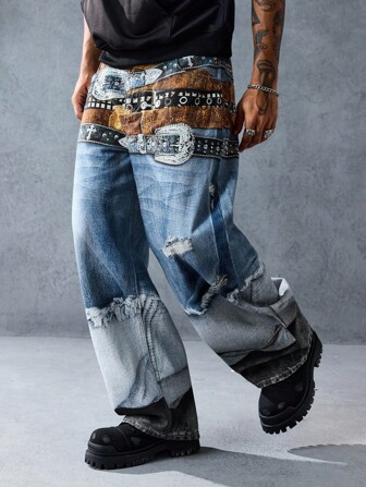 Street Life Herren Loose Fit Weite Bein Lässig Jeans mit Gürtel Design