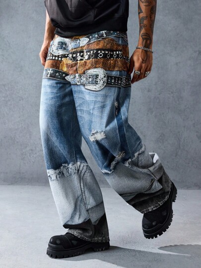 Street Life Jeans casuales de pierna ancha y corte holgado para hombre con diseño de cinturón