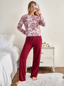 SHEIN Cottnline Plus Size Cotton PLUS Women 2 Pcs Floral Pattern With Roung Neck Long Sleeved ShirtSolid Colour Pants Homewear Set Lounge White Burgundy Autumn - Multicolor - View 5