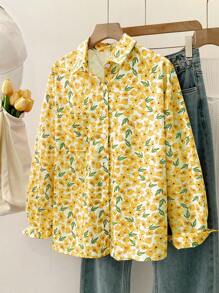 INAWLY Áo sơ mi nữ tay dài đơn hàng khuy đơn in hoa thường ngày - Màu vàng - Xem 3