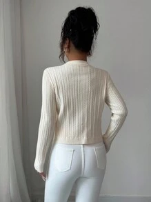 Elenzga Damen eleganter romantischer Strickjacken-Pullover, Rundhalsausschnitt, Langarm - Aprikosenfarben - Übersicht 2