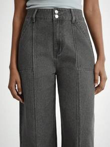 Daynim 女士休闲口袋阔腿宽松牛仔裤 - 淺灰色 - 查看 5