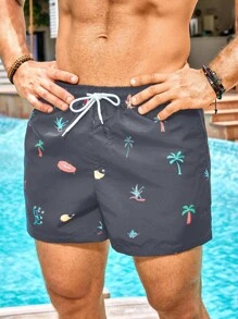 Palasendo Pantalones cortos de playa casuales con estampado y cordón para hombre, bañadores de playa, ropa de playa para hombre - Gris Oscuro - Ver 7
