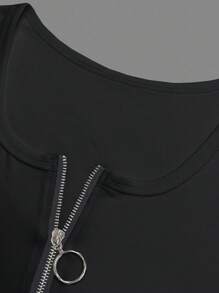 INAWLY Plus Zip Up Rib-Knit Tee, For Summer - Black - View 3