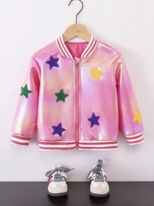 SHEIN Nouvelle veste zippée pour jeune fille pour l'automne/l'hiver, veste de baseball avec broderie 3D vibrante en forme d'étoile à cinq branches sur une serviette, tissu réfléchissant pour un look de rue , nouvelle arrivée pour l'hiver
