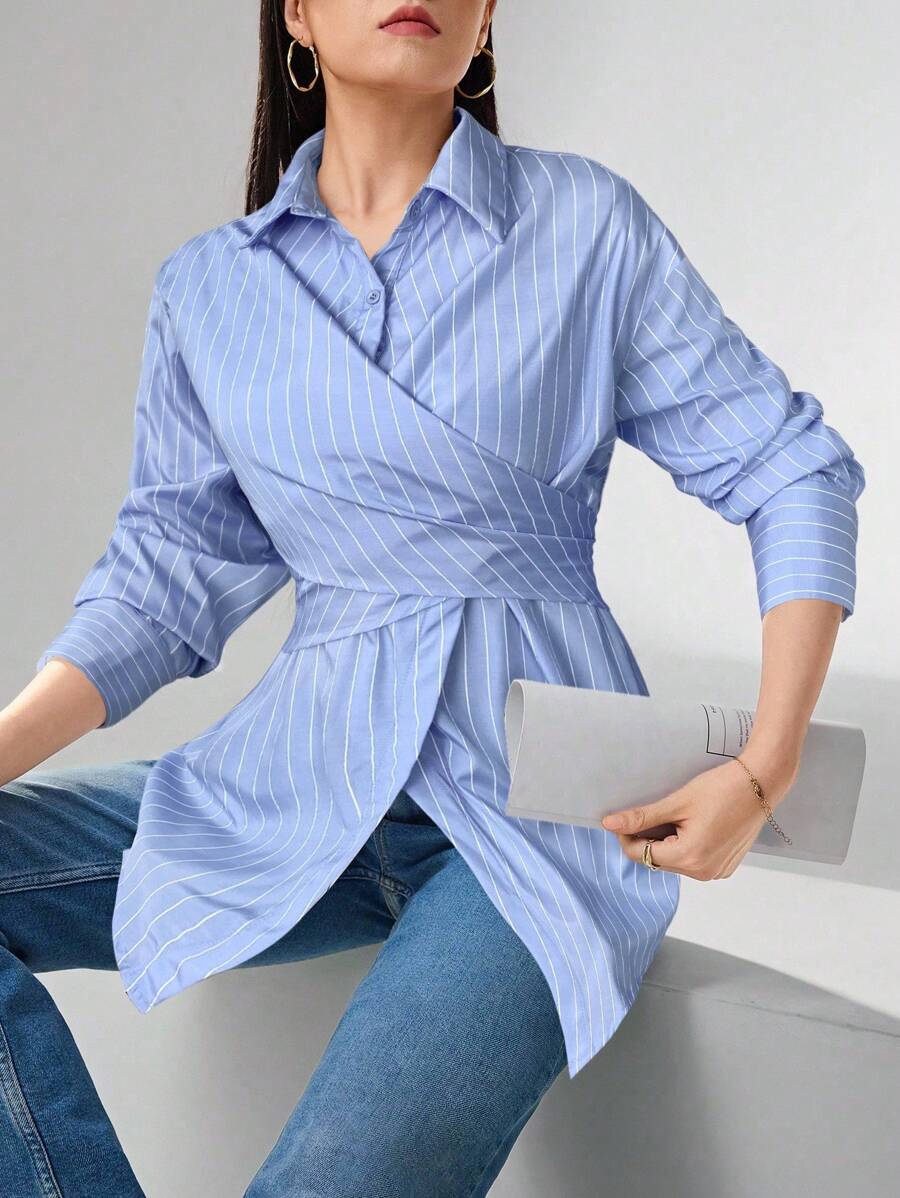 Heiryn Camisa casual/de trabajo para mujer con mangas caídas, rayas y lazo en la espalda - Azul - Ver 1