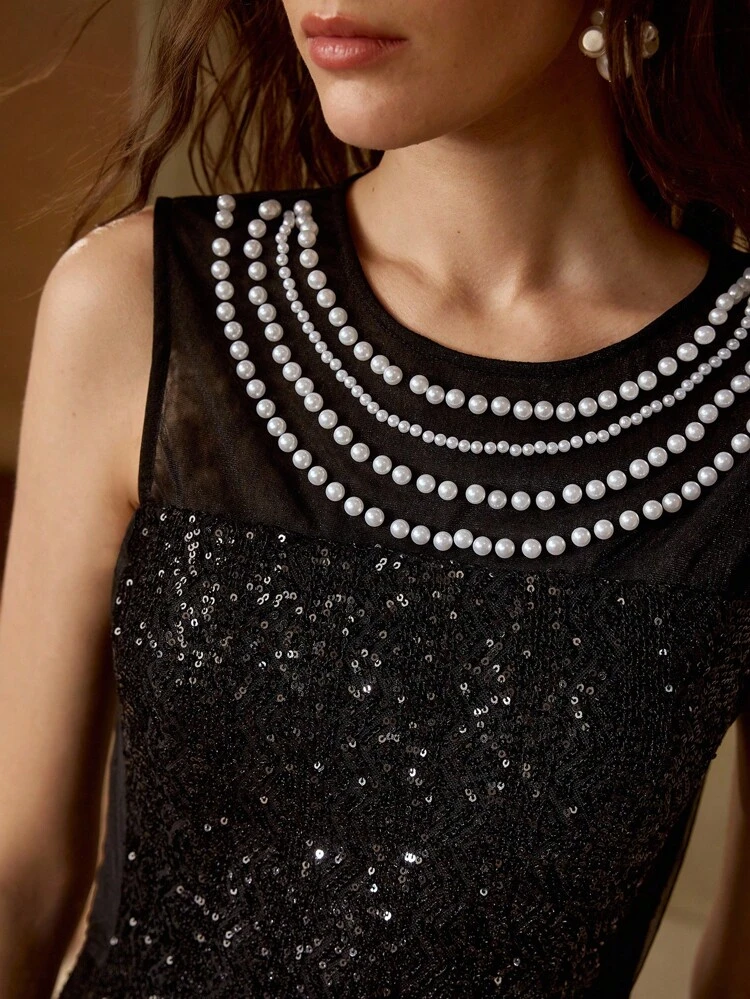 FAUX PEARL DETAIL CONTRAST SEQUIN COCKTAIL DRESS