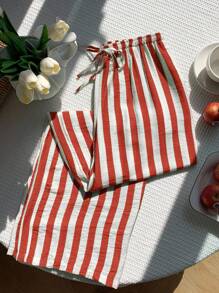 SHEIN EZwear 女士系带腰阔腿宽松休闲条纹裤 - 紅色 - 查看 3