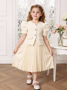 Young Girl Elegant Urban Pleated Short Sleeve Dress, Apricot Color - Apricot - View 1