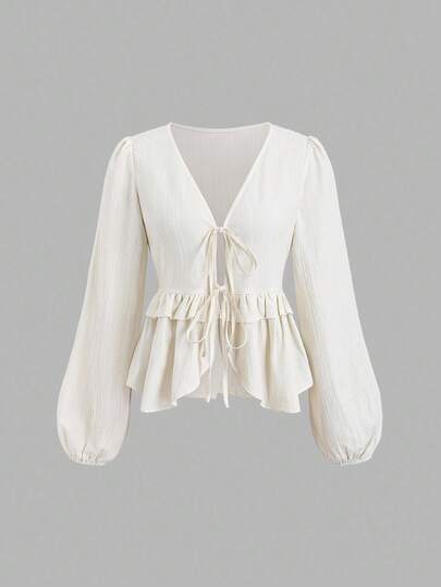 Sweetra 复古法式优雅女士优雅纹理系带荷叶边可爱甜美风格女式衬衫秋季女装