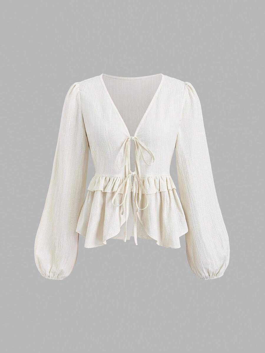 Sweetra 复古法式优雅女士优雅纹理系带荷叶边可爱甜美风格女式衬衫秋季女装 - 杏色 - 查看 1