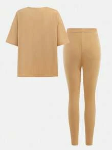 SHEIN Tween Girl Casual Relaxed Crew Neck Sweatshirt & Pant Set, Simple & Comfortable With Graphic Print - Khaki - View 2