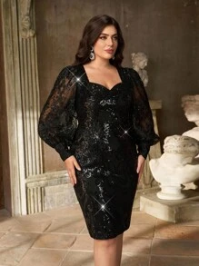 Aureia 加大码优雅浪漫黑色甜心领奢华刺绣亮片拼布透明长袖紧身鸡尾酒会连衣裙 - 黑色 - 查看 7