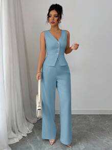 Elenzga Conjunto de chaleco y pantalones sin mangas elegante para mujer, estilo para ir a trabajar, para el verano - Lavado ligero - Ver 5