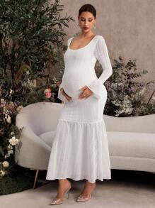 MaterniChic Maternity White Dress Autumn And Winter Pregnant Women's Square Neck Flare Sleeve Fishtail Hem Lace Fitted Elegant Dress - Apricot - View 4