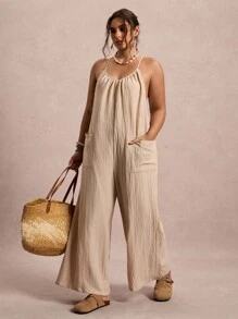Freevana Tuta casual estiva tinta unita di grandi dimensioni con tasche doppie e texture