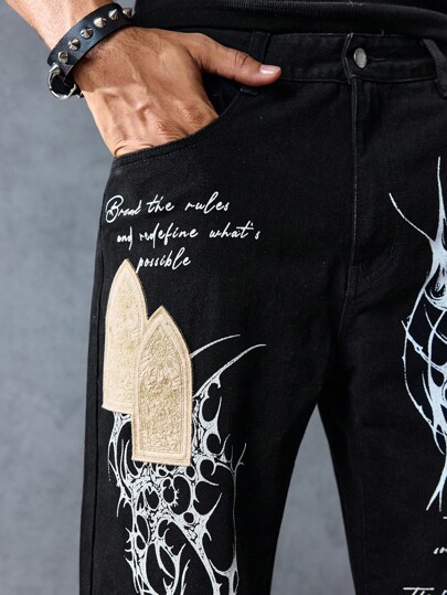 Street Life Jeans casuales rectos y holgados con bolsillo y gráfico de eslogan para hombres