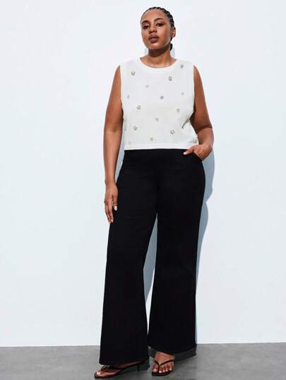 Maija 大码女式象牙色串珠设计夏季上衣，现代优雅都市休闲时尚无袖宽松上衣，适合婚礼宾客、浪漫法式度假装