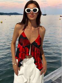 Aloruh 花卉印花深 V 露背衬衫，Y2K 风格上衣，优雅适合约会、派对、度假，适合夏季，复古