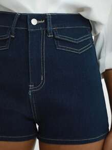 Daynim 女式休闲前扣牛仔短裤 - 深色水洗藍 - 查看 1