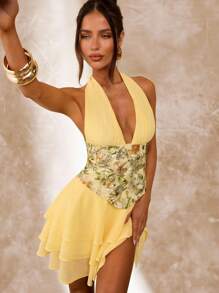 SHEIN BAE Váy ngắn hở lưng cổ chữ V sâu đính cườm và sequin thanh lịch màu vàng trơn, thích hợp cho bữa trưa, kỳ nghỉ, hẹn hò, mùa xuân và mùa hè - Vàng nhạt - Xem 8