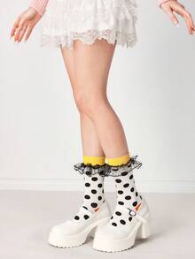 ROMWE Kawaii Calcetines con cuello redondo para mujer con estampado de lunares, inserto de malla y ribete con volantes - Multicolor - Ver 5