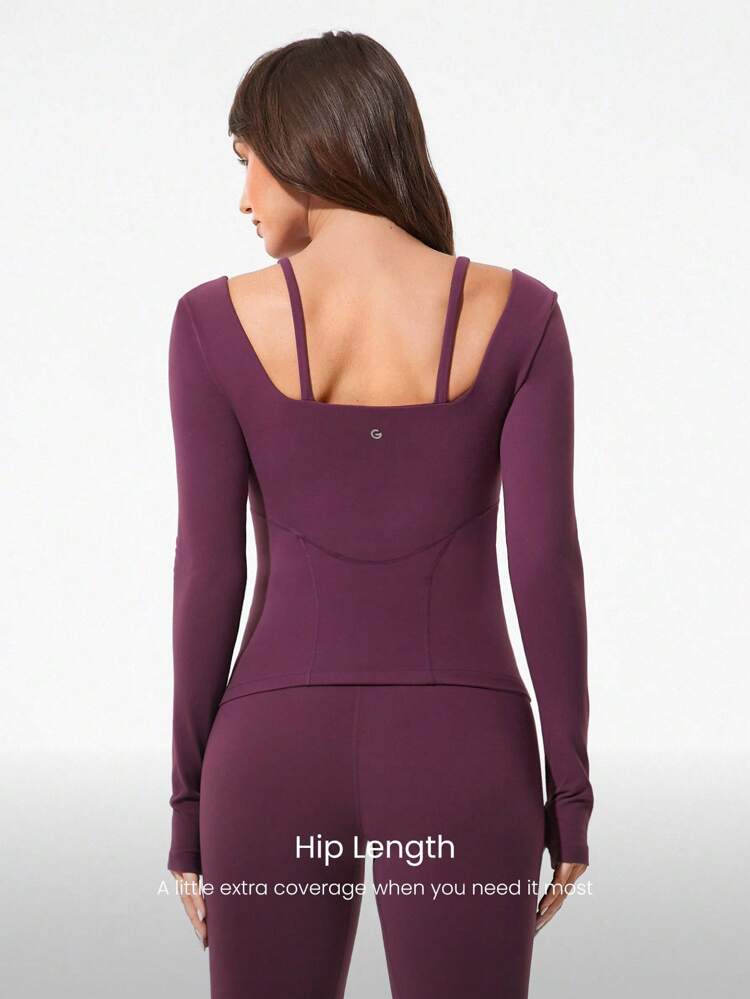 FeatherFit™ レイヤープレイヤー モックコントラストストラップ ヒップ丈ウエストシェイピング 長袖トップ ローインパクトヨガ ピラティス バー ジム スタジオ デイリーカジュアルウェア