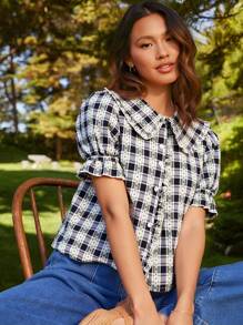 WESTFADE قميص مقصر بأكمام قصيرة منتفخة، زر إلى ملابس علوية، مزين بطيات وطبعات مطرزة