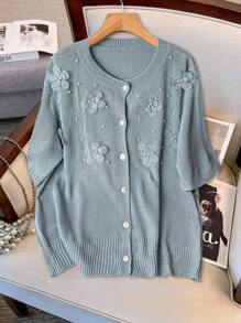 SHEIN Clasi 大码女式 3D 花朵纽扣前优雅短袖开衫，灰蓝色，秋季