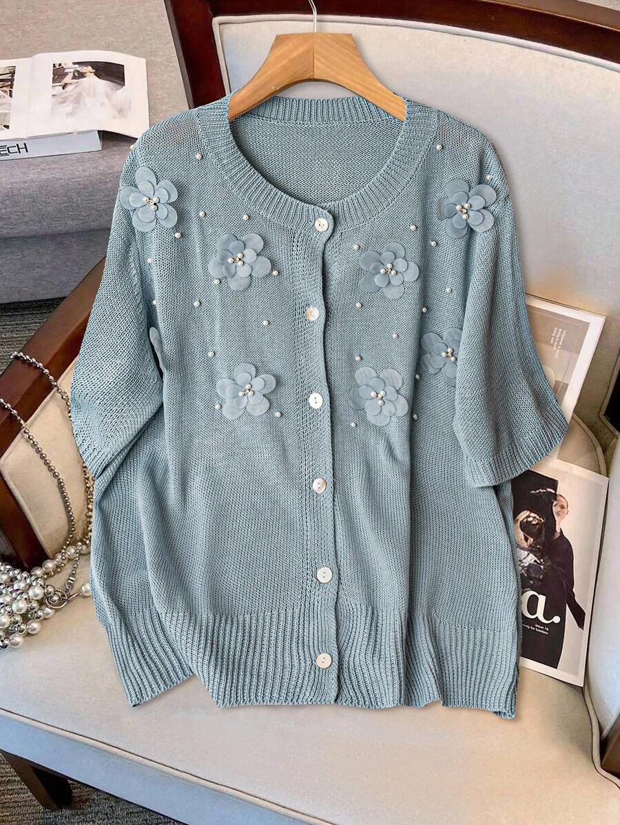 SHEIN Clasi 大码女式 3D 花朵纽扣前优雅短袖开衫，灰蓝色，秋季