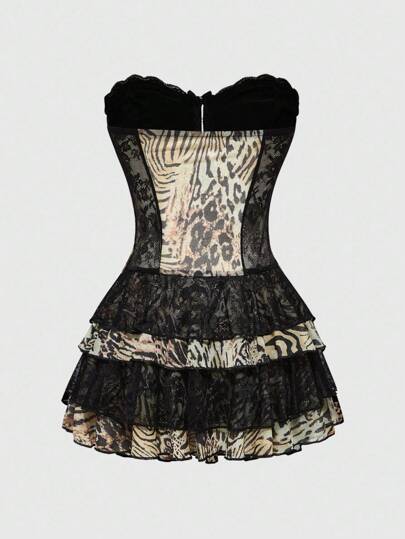 J-Fashion Vestido mini con estampado de leopardo, encaje, parches metálicos y contraste de color, con escote halter y lazo, en estilo retro y sexy Y2K para mujer