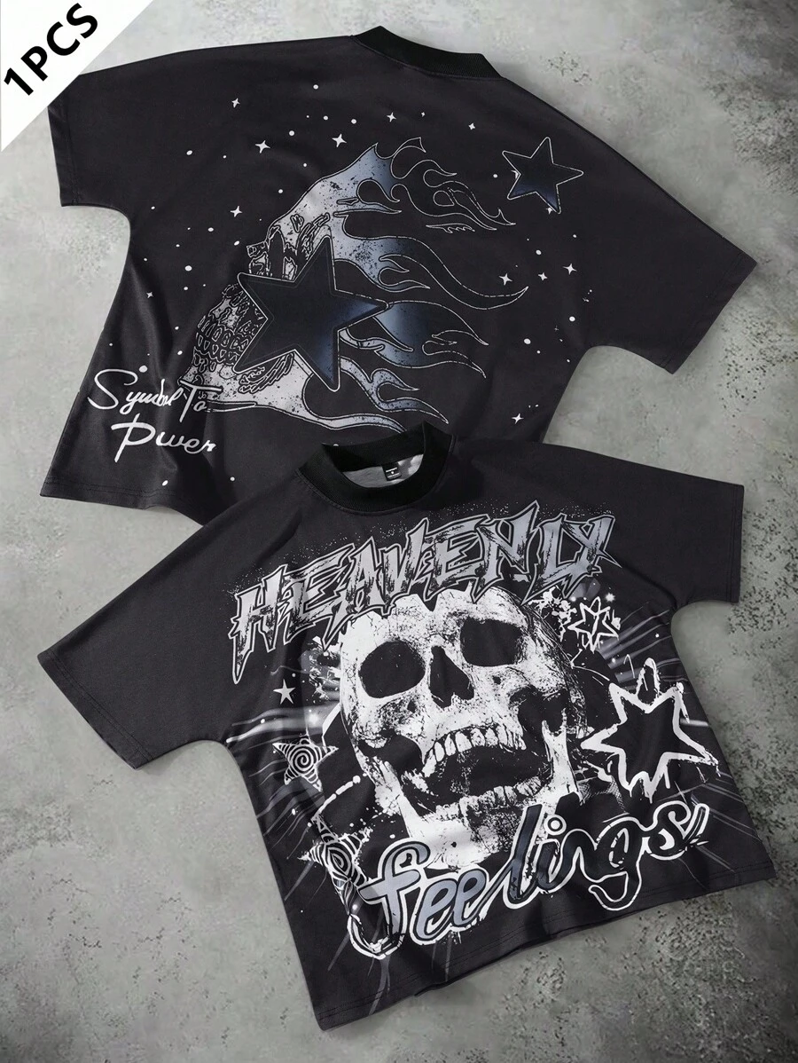Manfinity ZONE917 Men's Black Graphic T-Shirt With Skull Print And Stars, Hip-Hop Streetwear Style - Black - View 1