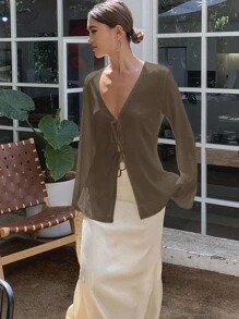 Livesso Women's Solid Color Cinched Waist Bow Long Sleeve Fitted Casual Blouse, Spring/Summer,Fall Clothes Preppy Tops - Khaki - View 3