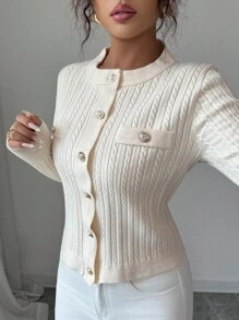 Elenzga Damen eleganter romantischer Strickjacken-Pullover, Rundhalsausschnitt, Langarm - Aprikosenfarben - Übersicht 6