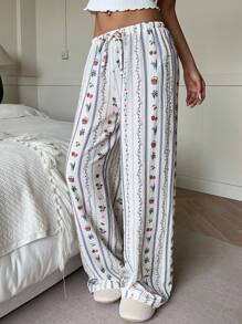 Aloruh 新款夏季休闲百搭松紧腰抽绳直筒阔腿条纹浪漫花卉印花裤，适合居家和外出 - 白色 - 查看 8