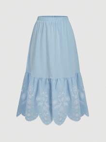 SHEIN MOD Gonna midi a-line blu ricamata per taglie forti, adatta per l'estate - Blu - Visualizzare 1