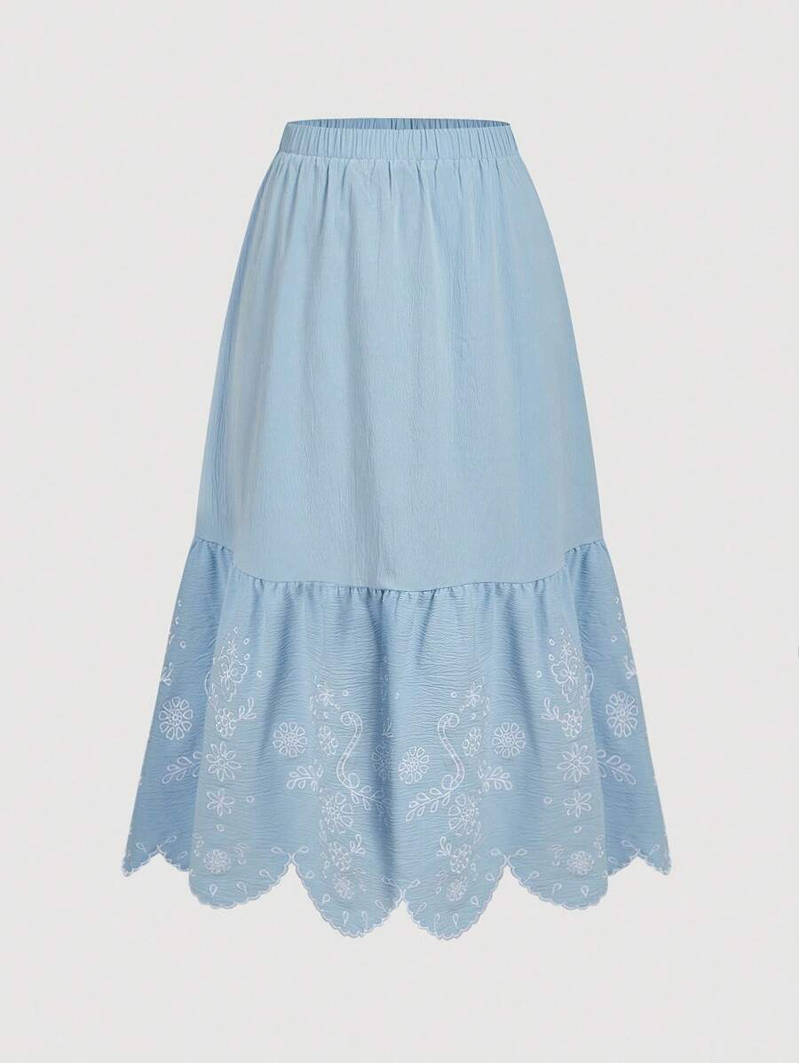 SHEIN MOD Gonna midi a-line blu ricamata per taglie forti, adatta per l'estate - Blu - Visualizzare 1