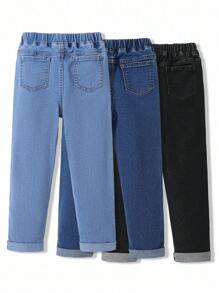 SHEIN Explorewe 3 件套年轻男孩休闲基本款全松紧腰蝴蝶结设计牛仔裤，黑色、蓝色、浅蓝色，仿抽绳装饰，卷边