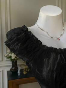 Comfortcana 大码女式黑色单排扣孔眼刺绣衬衫 - 黑色 - 查看 5