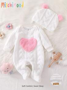 Conjunto de pijama de bebé niña con body con estampado de corazones blancos acolchado de manga larga y gorro para el invierno