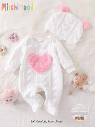 Ensemble de pyjamas pour bébés filles avec combinaison à manches longues matelassée et chapeau, motif de cœur blanc, pour l'hiver