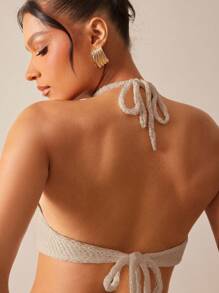 Hauture Women's Sexy Summer 2 Pieces White Knit Crochet Halter Top With Mini Skirt Set - Apricot - View 5