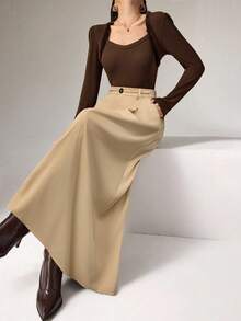 Heiryn 卡其色 A 字形褶皱简约通勤时尚女裙