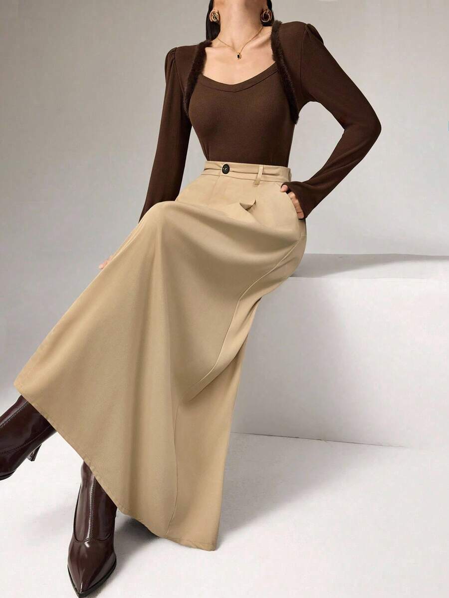 Heiryn 卡其色 A 字形褶皱简约通勤时尚女裙