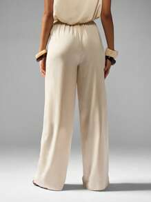 MISSGUIDED Pantaloni largi Palazzo pentru femei, satin, talie elastică, purtați pe haine de seară, lejeră, elegante, lejere, pentru birou, colecția de toamnă-iarnă - Caisă - Vizualizare 2