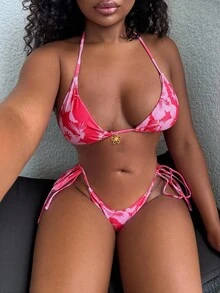 Alexandranx Bộ 3 váy đi biển cổ yếm in họa tiết ngẫu nhiên cho nữ, bộ bikini buộc dây ngày lễ cổ điển, mùa hè - Hồng - Xem 3